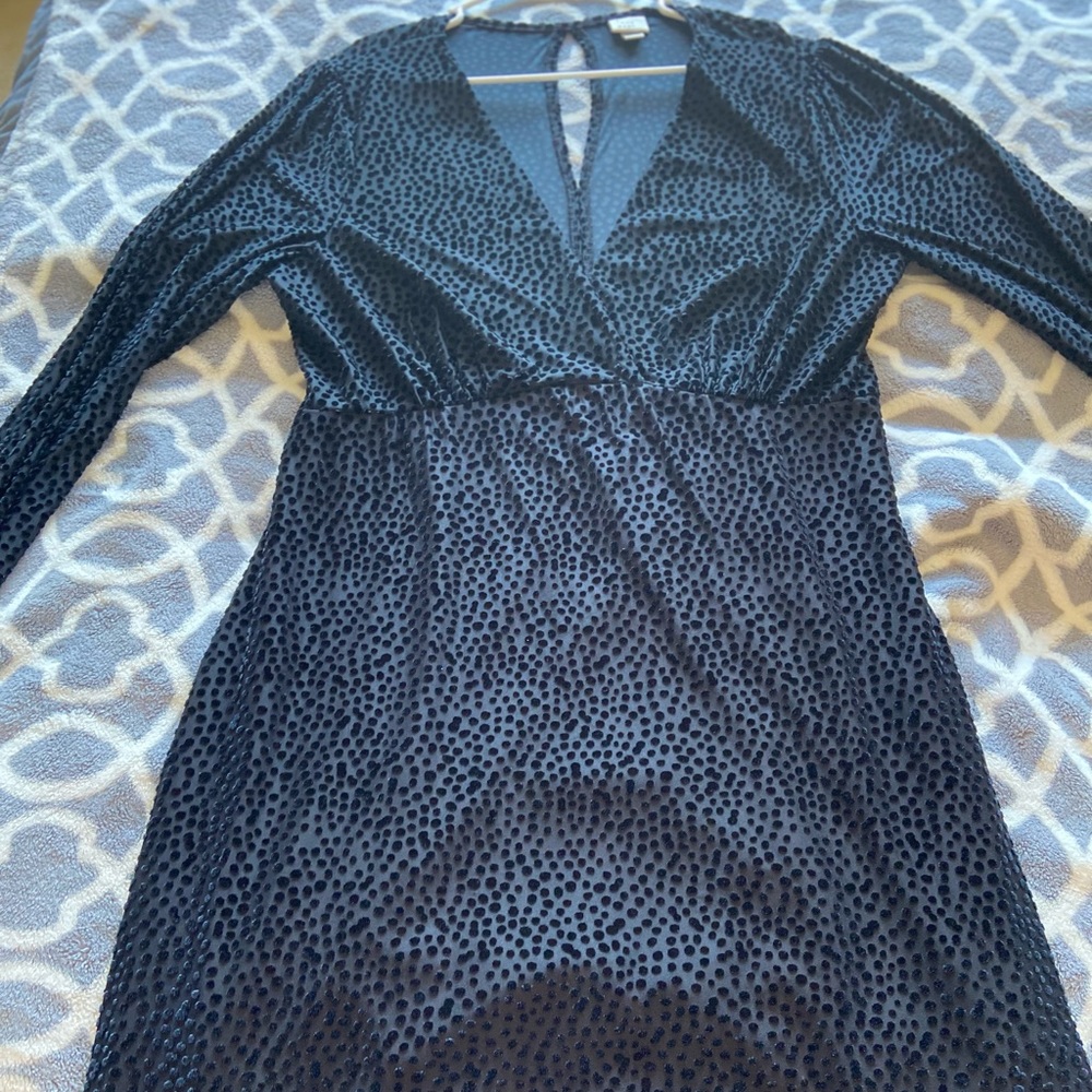 Black long sleeve dress with velvet poka dots